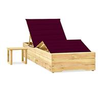 Qnhdfrt Adjustable Pine Wood Sun Lounger with Table & Wine Red Cushion