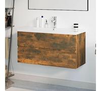 Qnhdfrt Armoire de salle de bain avec bac encastrable, chêne fumé, 90 x 38,5 x 45 cm, lavabo en céramique, avec trop-plein, montage mural, meuble de salle de bain moderne, peu encombrant, pour petites
