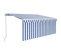 Qnhdfrt Auvent à bras articulés - 350 x 250 cm - Avec brise-vue vertical - Rétractable manuellement - Pour terrasse, balcon - Cadre en aluminium - Manivelle - Bleu/blanc