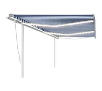 Qnhdfrt Auvent automatique à bras articulé, avec LED et capteur de vent, 6 x 3,5 m, bleu et blanc, rétractable, pour terrasse, balcon, télécommande, manivelle