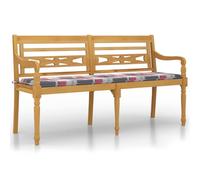Qnhdfrt Batavia - Banc de jardin 3 places avec coussin - 150 cm - En teck massif - Élégant banc de jardin 3 places avec coussin à carreaux rouges - Banc classique en teck pour balcon et terrasse
