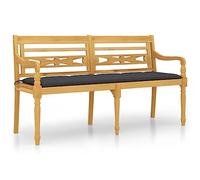 Qnhdfrt Batavia Banc de jardin en teck massif de 150 cm avec coussin anthracite, banc de jardin avec dossier et accoudoirs pour terrasse et extérieur, banc rustique en bois pour deux personnes
