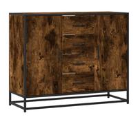 Qnhdfrt Buffet Chêne Fumé 92x35x76 cm - Meuble de Rangement en Bois d'Ingénierie et Métal - Commode Industrielle avec 4 Tiroirs et 4 Compartiments pour Salon, Chambre et Couloir