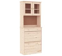 Qnhdfrt Buffet Haut en Bois de Pin Massif Alta 77x35x188 cm, Vaisselier Rustique Non Traité avec Portes Vitrées, Tiroir et Étagères, Grande Armoire de Rangement de Salon