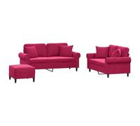 Qnhdfrt Burgundy Velvet 3-Piece Sofa Set with 2 Loveseats and Ottoman