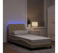 Qnhdfrt Cadre de lit avec éclairage LED crème 90 x 200 cm - Design moderne en polyester avec tête de lit et sommier à lattes pour un confort de sommeil optimal