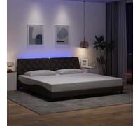 Qnhdfrt Cadre de lit avec éclairage LED, marron foncé, 200 x 200 cm, design moderne ondulé, housse en tissu avec tête de lit et sommier à lattes, pour un sommeil réparateur