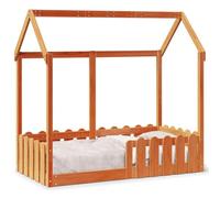 Qnhdfrt Cadre de Lit Cabane 70x140 cm Bois Pin Massif Cire Marron | Structure au sol forme maison pour chambre, sommier a lattes inclus, barrieres latérales et toit personnalisable.
