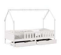 Qnhdfrt Cadre de Lit Cabane 90x200 cm Bois Massif 2 Tiroirs Blanc | Structure cabane en pin massif blanc avec sommier a lattes et 2 tiroirs roulants pour chambre a coucher.
