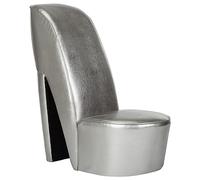 Qnhdfrt Chaise de salon argentée en forme de chaussure à talons aiguilles avec revêtement en cuir synthétique moderne pour salon, chambre à coucher, coiffeuse et soirées à thème 43 x 82,5 x 85,5 cm