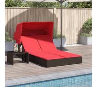 Qnhdfrt Chaise longue double en polyrotin avec auvent - 236 x 108 cm - Dossier réglable - 2 positions - 110 kg par espace - Marron - Pour jardin, balcon, piscine et plage