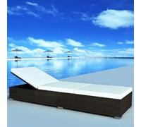 Qnhdfrt Chaise longue en rotin synthétique avec côtés réglables et coussin épais marron et blanc crème, cadre en acier revêtu par pulvérisation pour plus de durabilité, parfait pour le jardin, la