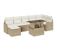 Qnhdfrt Ensemble canapé de jardin 8 pièces en polyrotin beige avec banc d'angle, siège central, tabouret et table en verre, design moderne et robuste, pour terrasse, balcon, jardin