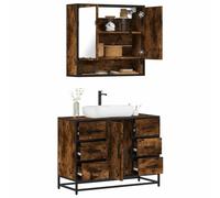 Qnhdfrt Ensemble de 2 meubles de salle de bain en bois de chêne fumé avec structure en métal 80 x 60 cm et armoire à miroir 65 x 60 cm prêt à monter pour petites armoires de salle de bain