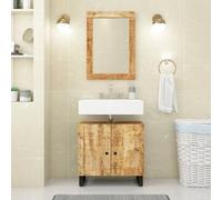 Qnhdfrt Ensemble de 2 meubles de salle de bain en bois de manguier massif 62 x 33 x 58 cm avec miroir 70 x 50 cm, pieds en fer, buffet rétro pour salle de bain, WC, couloir et cuisine