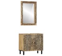 Qnhdfrt Ensemble de 2 meubles de salle de bain en bois massif mangue, 62 x 33 x 58 cm, meuble sous-vasque, avec motif sculpté à la main et miroir de salle de bain 50 x 70 cm, peu encombrant, pour