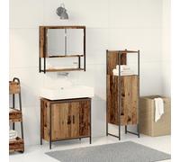 Qnhdfrt Ensemble de 3 meubles de salle de bain en bois naturel marron rectangulaire avec finition usée - Design rustique et espace de rangement spacieux pour votre salle de bain