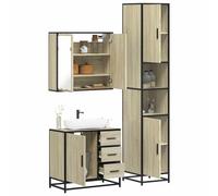 Qnhdfrt Ensemble de 3 meubles de salle de bain en chêne Sonoma avec armoire à miroir, lavabo et armoire haute en bois, métal et verre, pour un rangement optimal dans la salle de bain
