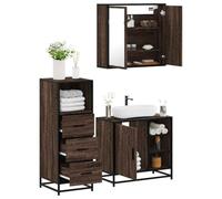 Qnhdfrt Ensemble de 3 meubles de salle de bain marron aspect chêne en bois avec armoire à miroir et meuble de lavabo pour un espace de rangement supplémentaire et une élégante ambiance de salle de