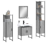 Qnhdfrt Ensemble de 4 meubles de salle de bain gris sonoma avec miroir et étagère - Meuble de salle de bain étroit en bois et acier pour un rangement optimal dans la salle de bain