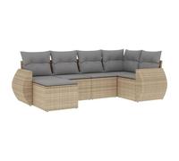 Qnhdfrt Ensemble de 6 meubles de jardin en polyrotin beige - Canapé d'angle - Canapé central - Ottoman - Durable - Avec coussins épais - Design salon moderne pour terrasse, balcon, jardin