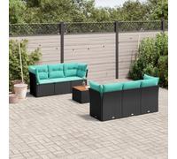 Qnhdfrt Ensemble de 7 meubles de jardin en polyrotin noir - Canapé d'angle et table avec plateau en bois d'acacia - 62 x 62 x 69 cm - Design moderne pour jardin, terrasse, balcon