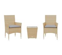Qnhdfrt Ensemble de Bistro 3 Pièces en Résine Tressée Beige, Salon de Jardin et Balcon avec 1 Table en Verre Trempé et 2 Fauteuils de Terrasse avec Coussins, Mobilier d'Extérieur