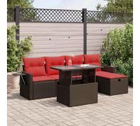 Qnhdfrt Ensemble de canapé de jardin en rotin PE avec coussins marron bleu 6 pièces - Espace de rangement - Table pliante - Meubles de salon pour terrasse, balcon, jardin