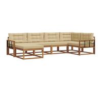 Qnhdfrt Ensemble de canapé d'extérieur en bois d'acacia massif, canapé de jardin modulable avec coussin d'assise, meubles de jardin pour terrasse et arrière-cour, 327 x 168,5 x 73 cm, naturel et beige
