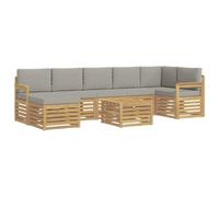 Qnhdfrt Ensemble de Canapé d'Extérieur Modulaire en Bois d'Acacia Massif, Salon de Jardin Blanc et Gris Clair avec Table Basse, Pouffe et Coussins pour Terrasse et Cour
