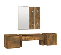 Qnhdfrt Ensemble de garde-robe en chêne fumé - Ensemble complet de meubles de couloir avec banc, miroir, panneaux de garde-robe, boîte de rangement et jardinière en bois pour entrée