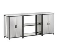 Qnhdfrt Ensemble de Meuble de Cuisine 3 Pièces, Îlot Central Industriel Argenté en Acier Inoxydable, Table de Travail et Buffet de Rangement avec Étagères et Portes, 210 x 50 x 92 cm