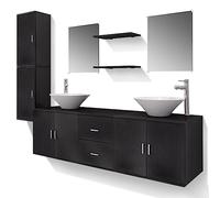 Qnhdfrt Ensemble de Meuble de Salle de Bain 11 Pièces avec Double Vasque Céramique Blanche, Meuble sous-Vasque Noir Suspendu 150 cm, 2 Armoires Murales, Miroirs et Robinets