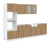 Qnhdfrt Ensemble de Meubles de Cuisine 7 Pièces Lyon, Cuisine Complète Moderne avec Armoires en Bois d'Ingénierie, Rangements Suspendus, Vitrine et Meuble Micro-Ondes, Chêne Artisanal
