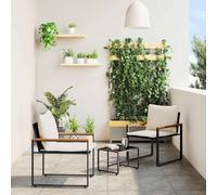 Qnhdfrt Ensemble de meubles de jardin 3 pièces en rotin noir crème avec coussins en mousse à mémoire de forme et accoudoirs en bois d'acacia - Résistant aux intempéries - Pour terrasse, petit balcon
