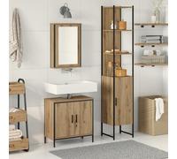 Qnhdfrt Ensemble de meubles de salle de bain 3 pièces - Chêne artisanal - Marron - Rectangulaire - Avec miroir - Meuble de lavabo et armoire haute - Espace de rangement moderne pour salle de bain
