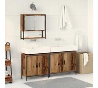 Qnhdfrt Ensemble de meubles de salle de bain 3 pièces en bois recyclé marron rectangulaire avec armoire à miroir et armoires de lavabo pour une atmosphère rustique et un espace de rangement pratique