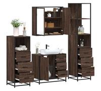 Qnhdfrt Ensemble de meubles de salle de bain marron aspect chêne en bois et métal pour salle de bain avec miroir, meuble de lavabo et deux armoires