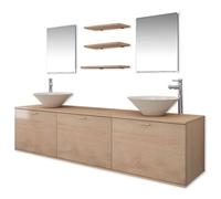 Qnhdfrt Ensemble Meuble de Salle de Bain Double Vasque Suspendu 180 cm, avec 2 Miroirs, 3 Étagères, 2 Vasques Céramique Rondes et 2 Robinets Mitigeurs, Coloris Beige