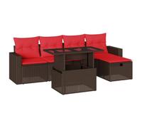 Qnhdfrt Ensemble Salon de Jardin 6 Pcs Résine Tressée Marron avec Coussins | Mobilier modulaire d'extérieur marron avec table basse relevable en hauteur et pouf coffre pour terrasse ou balcon.