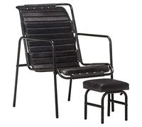 Qnhdfrt Fauteuil de relaxation vintage avec repose-pieds en cuir véritable noir compact pour salon, chambre à coucher et coin lecture confortable et robuste