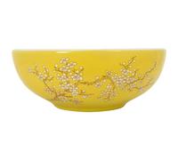 Qnhdfrt Lavabo à poser rond Ø 41 x 14 cm en céramique, élégant bac à laver blanc et jaune avec motif vintage, lavabo design pour salle de bain, WC d'invités et salle de maquillage