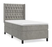 Qnhdfrt Lit à sommier tapissier 80 x 200 cm avec matelas à ressorts ensachés et surmatelas, lit moderne en velours gris clair, tête de lit réglable en hauteur, lit simple confortable