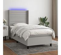 Qnhdfrt Lit à sommier tapissier, avec matelas et LED, 90 x 200 cm, tête de lit réglable en hauteur, matelas à ressorts ensachés, tissu respirant, gris clair, pour chambre à coucher