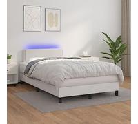 Qnhdfrt Lit à sommier tapissier avec matelas et LED en blanc, 120 x 200 cm, en cuir synthétique, tête de lit réglable, matelas à ressorts ensachés et éclairage RVB pour chambre à coucher