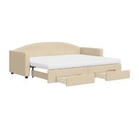 Qnhdfrt Lit de Jour avec Lit Gigogne et 2 Tiroirs de Rangement, Canapé-Lit 2 en 1 Convertible avec 2 Matelas en Mousse 80x200 cm, Structure en Bois et Métal, Tissu Crème