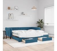 Qnhdfrt Lit de jour, extensible, 2 en 1, canapé et lit double, avec tiroirs, en velours, bleu, 100 x 200 cm, peu encombrant, avec espace de rangement, pour salon, chambre à coucher