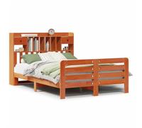 Qnhdfrt Lit Double 160x200 cm avec Tête de Lit Bibliothèque en Bois de Pin Massif, Cadre de Lit 2 Places avec Sommier à Lattes et Rangements Intégrés, Cire Marron