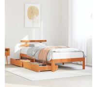 Qnhdfrt Lit en bois de pin massif, 100 x 200 cm, marron cire, avec 2 tiroirs, sommier à lattes et espace de rangement, pour chambre d'adolescent, chambre d'amis, lit simple