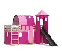 Qnhdfrt Lit mezzanine avec toboggan 80 x 200 cm, lit superposé en pin massif, lit de jeu avec kit de rideaux rose, avec protection contre les chutes, pour enfants à partir de 6 ans